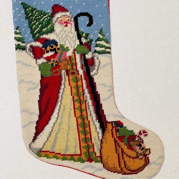 Handmade Needlepoint Santa Christmas Stocking Sack Tree Wool Cotton 18 Inches - Picture 3 of 5